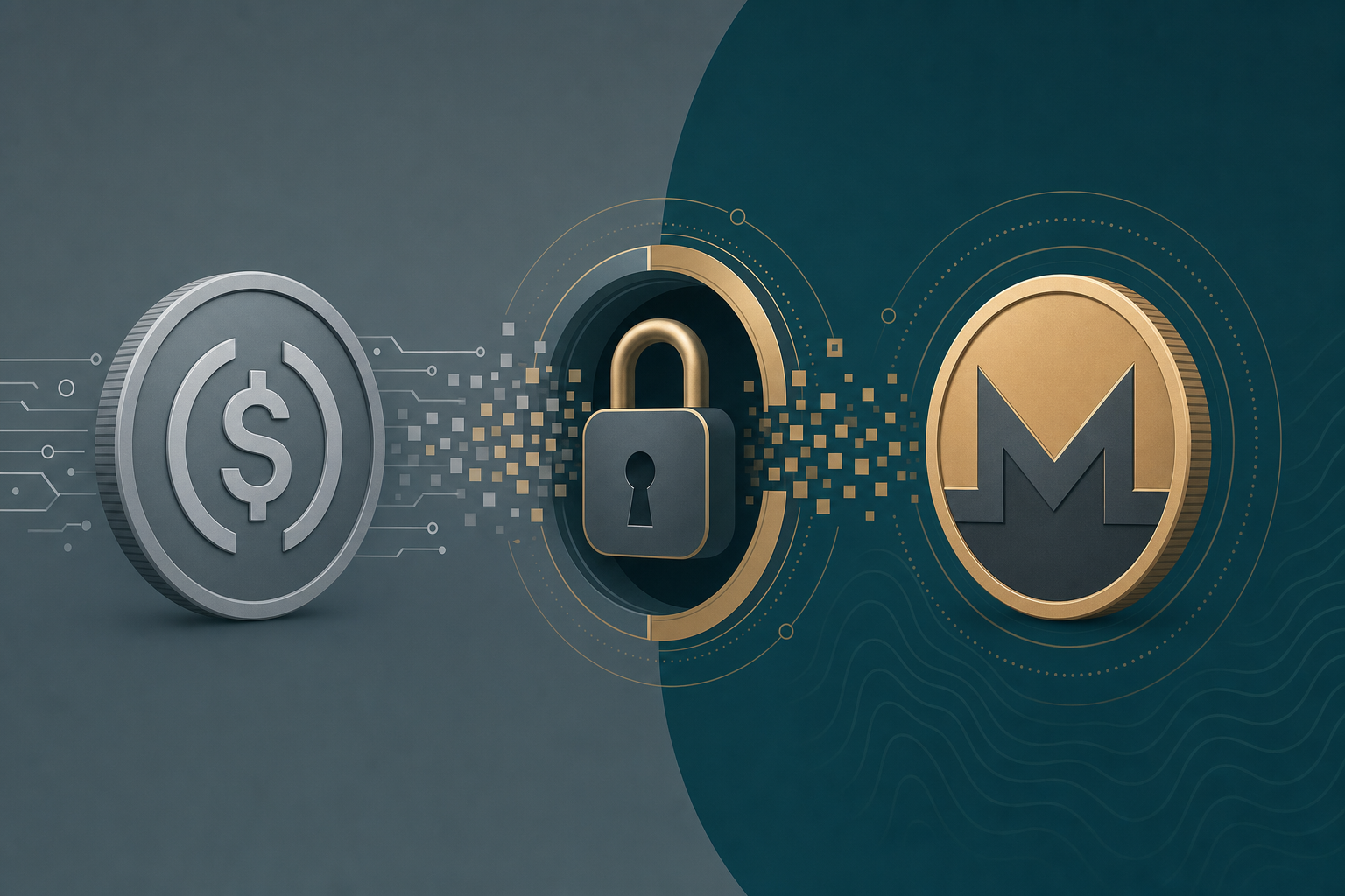 Illustration of a USDC stablecoin converting into Monero through a privacy lock icon