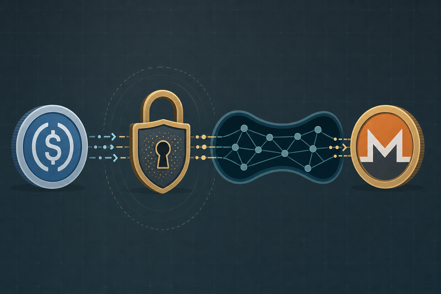 USDC stablecoin token converting into a Monero token through a privacy lock and non-custodial routing channel