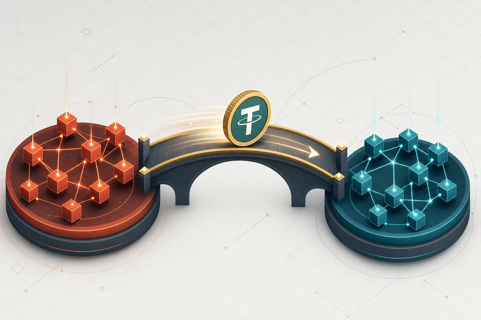 Illustration of a USDT stablecoin token bridging between two blockchain networks, TRC20 and ERC20
