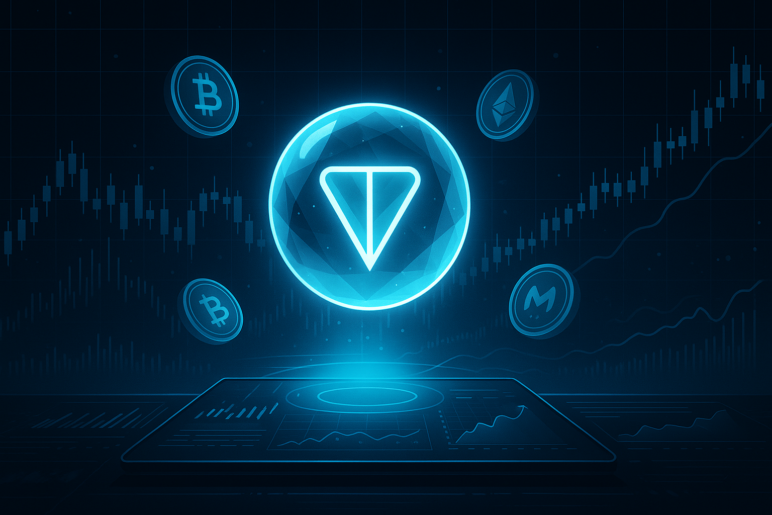 TON price prediction banner with glowing crystal sphere and crypto charts