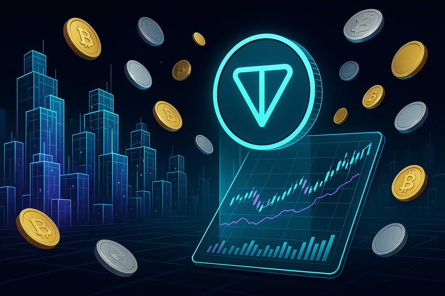Futuristic holographic city with TON-style coin and crypto price prediction charts