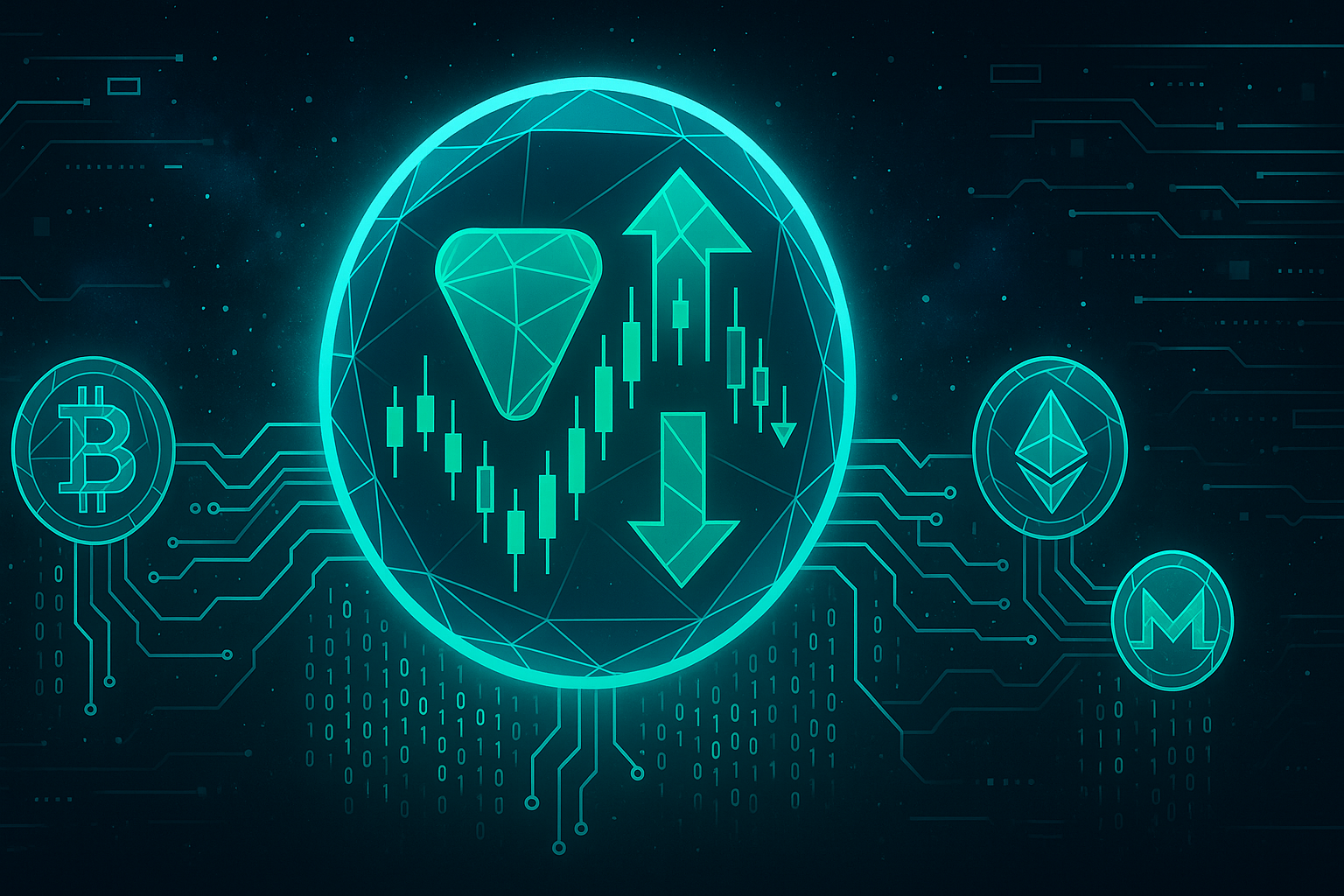 TON price prediction banner with crypto charts and connected coins on a deep space background