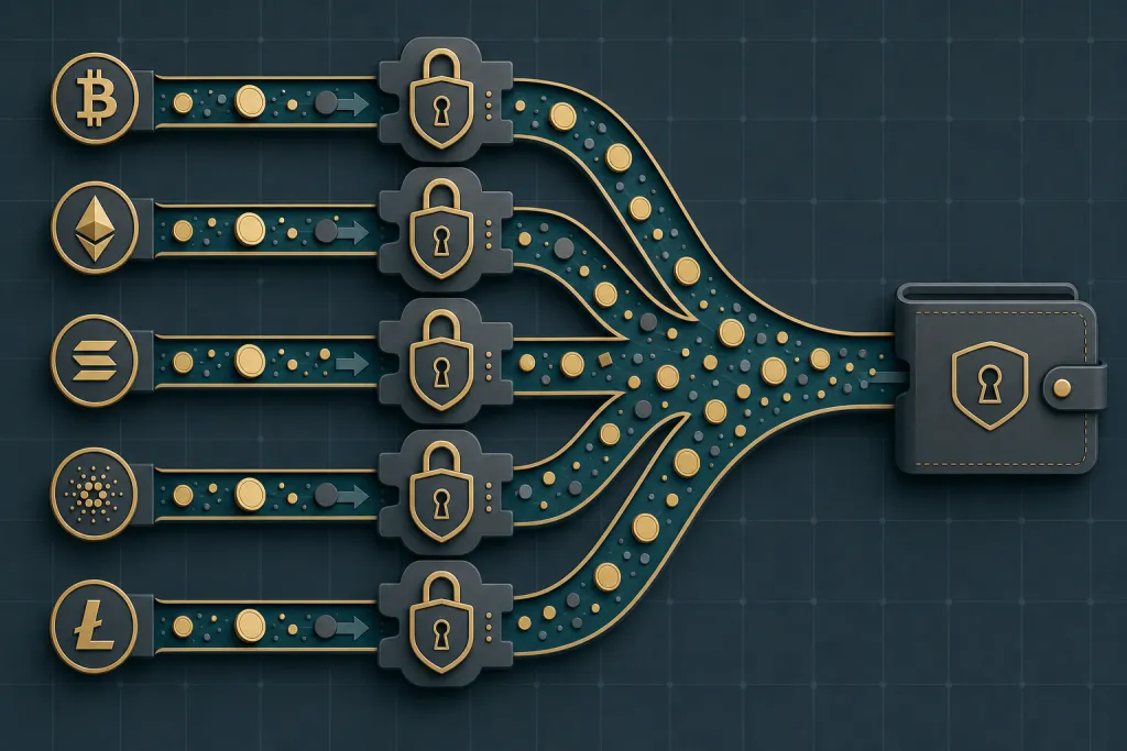 Abstract illustration of multiple private crypto-swap routes converging on one destination wallet through privacy locks