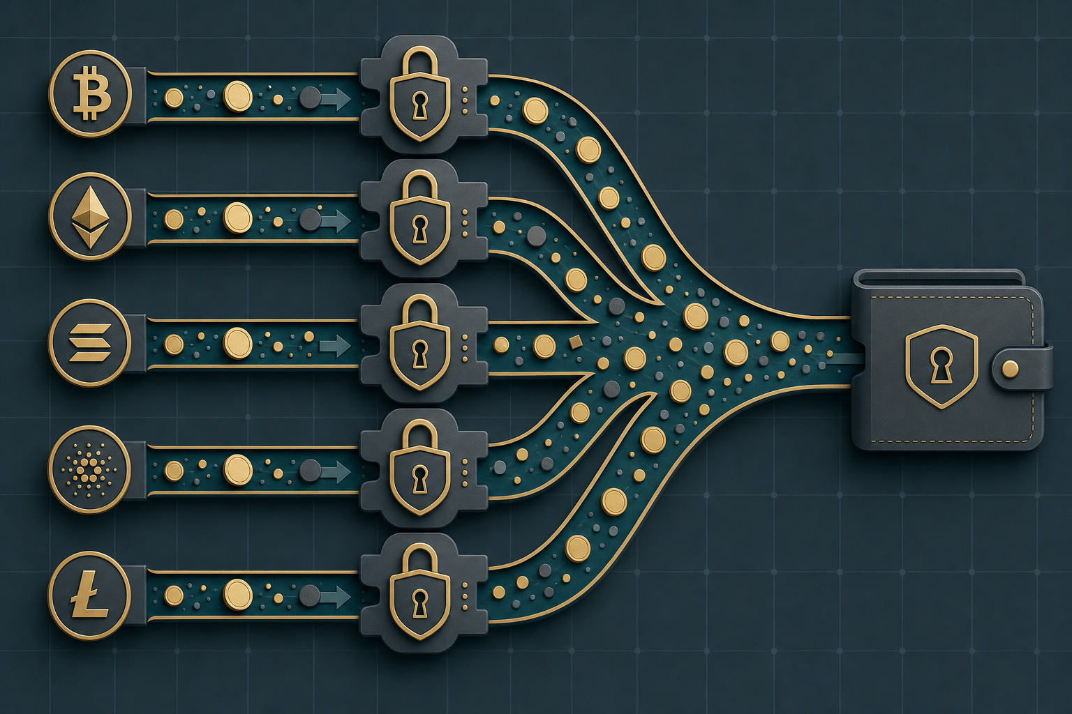 Abstract illustration of multiple private crypto-swap routes converging on one destination wallet through privacy locks