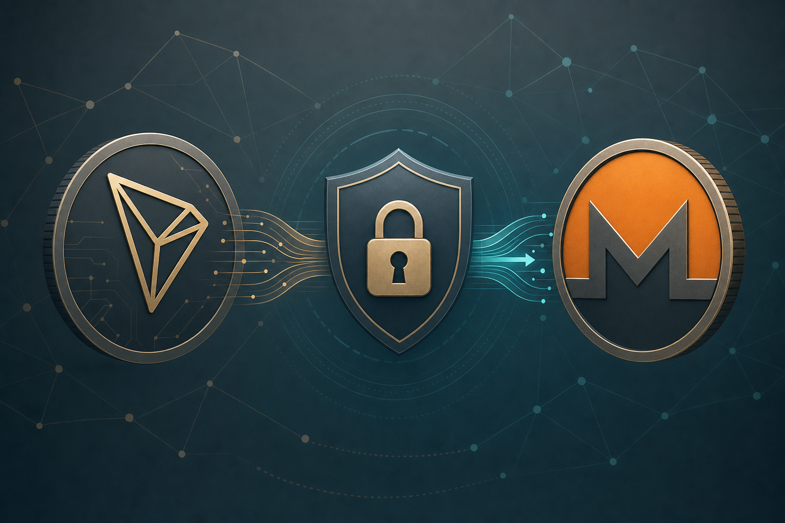 Illustration of a TRON token converting into a Monero token through a stylized privacy shield, cross-chain swap concept