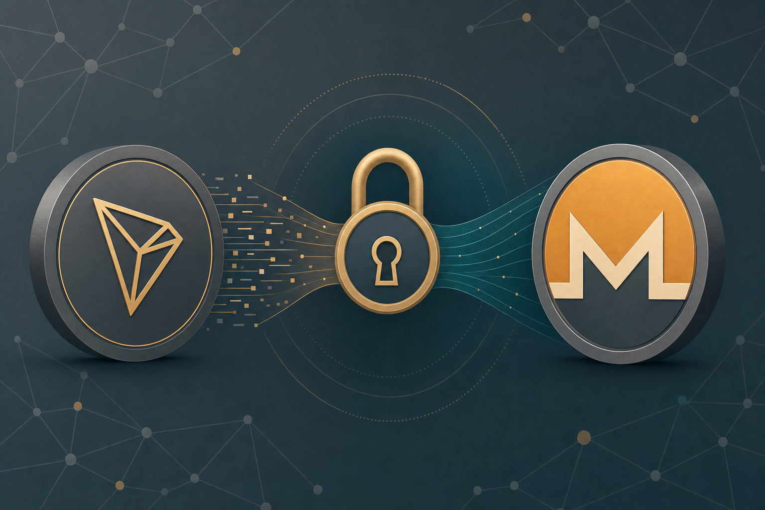 Illustration of a TRON token converting into a Monero token through a privacy lock icon