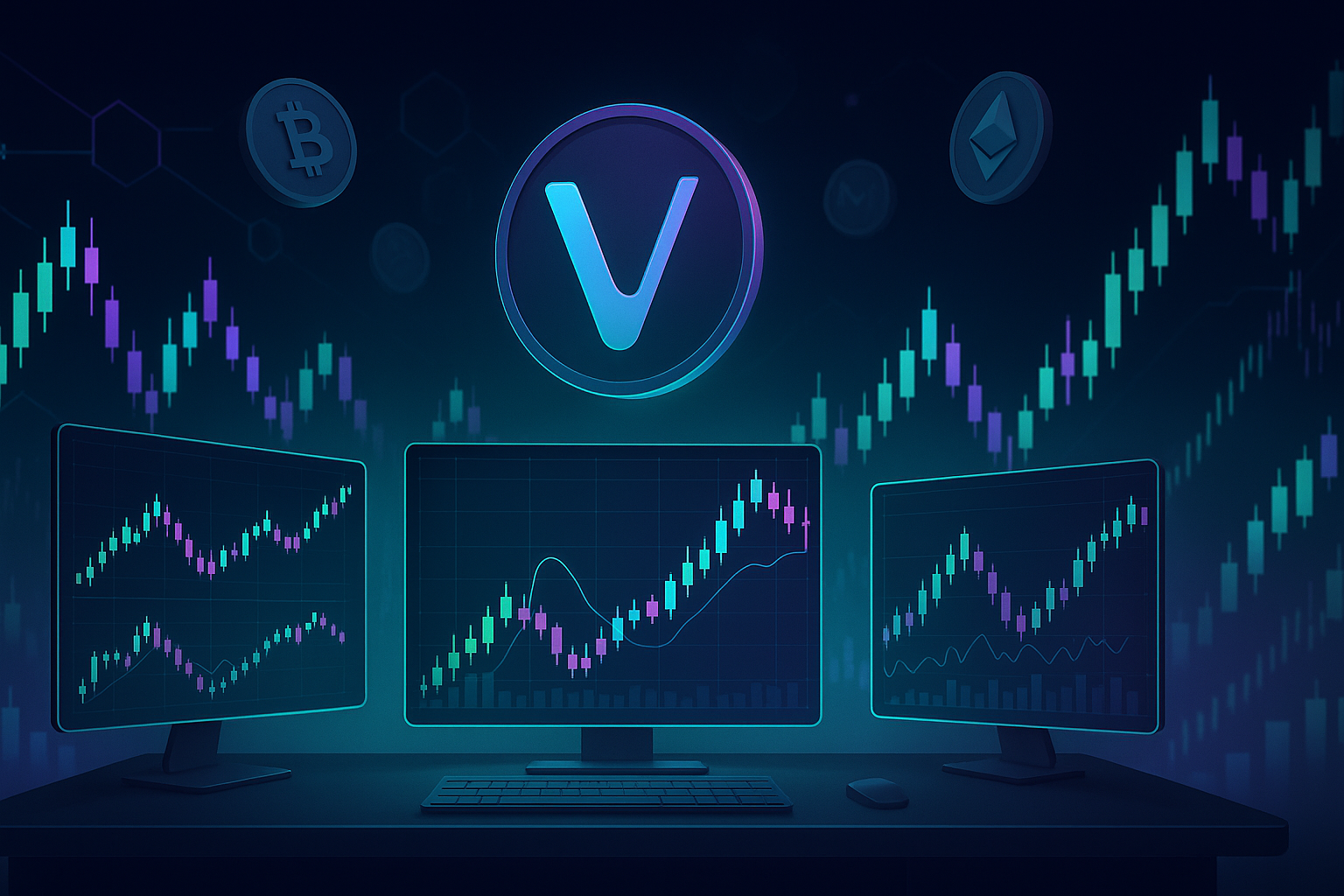 Futuristic crypto trading desk with holographic VeChain price charts and blockchain network visuals
