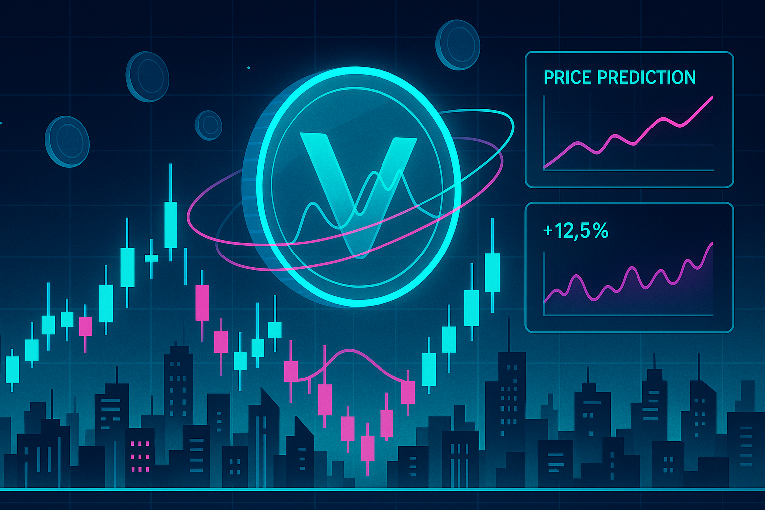 Futuristic neon city of candlesticks around a V-shaped VeChain coin with crypto price prediction charts