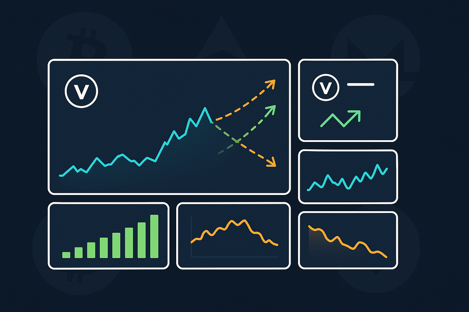 Futuristic dashboard showing VeChain-like token price prediction charts