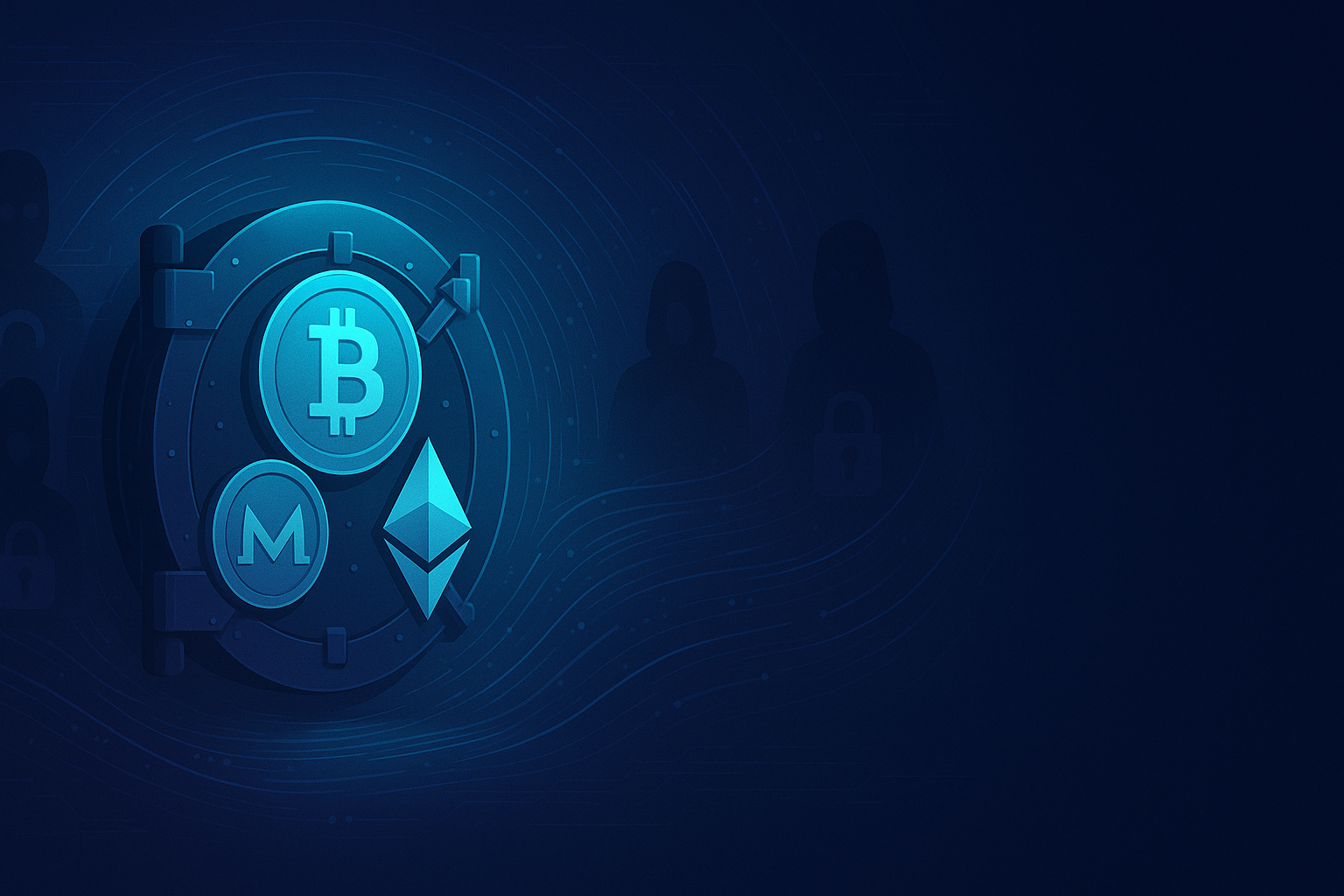 Glowing crypto vault with privacy coins and anonymous data streams
