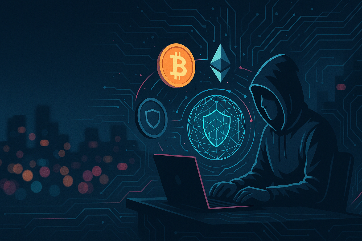 Futuristic crypto trader at holographic workstation with privacy coins orbiting encrypted data sphere