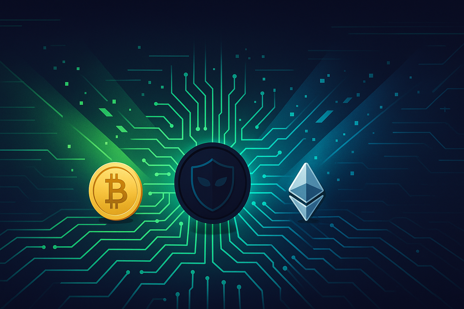 Futuristic blockchain maze with privacy coin and crypto tokens