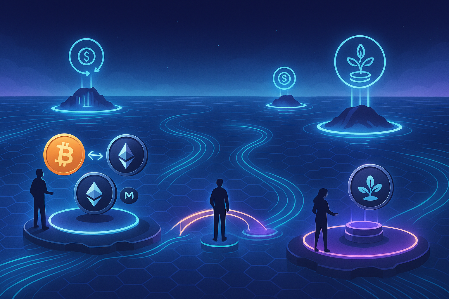 Digital ocean of DeFi protocols with users swapping tokens and yield farming in a neon crypto landscape