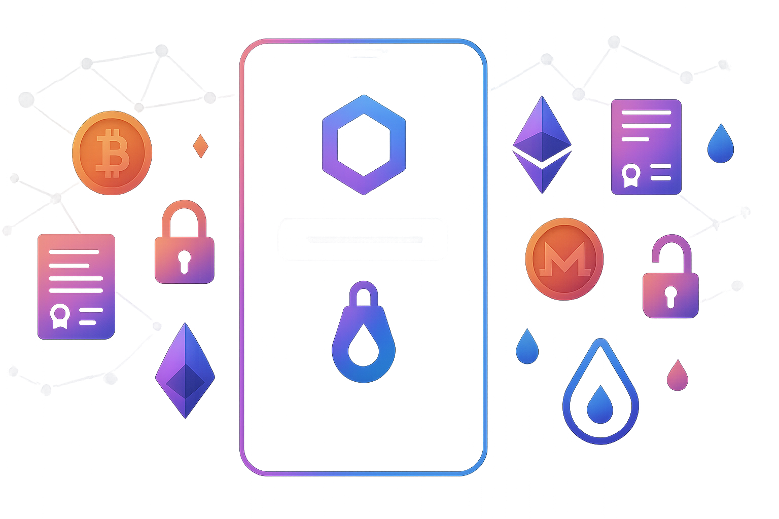 Modern DeFi crypto banner with dApp on smartphone and floating coins