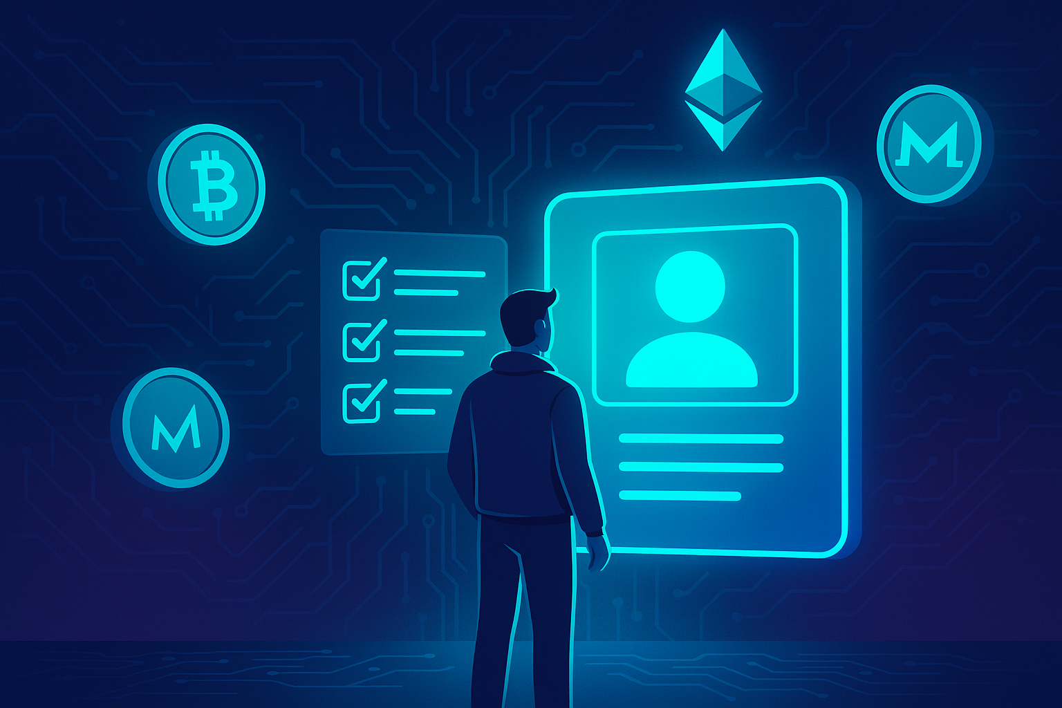 Futuristic crypto user viewing digital ID and KYC checklist with crypto coins orbiting