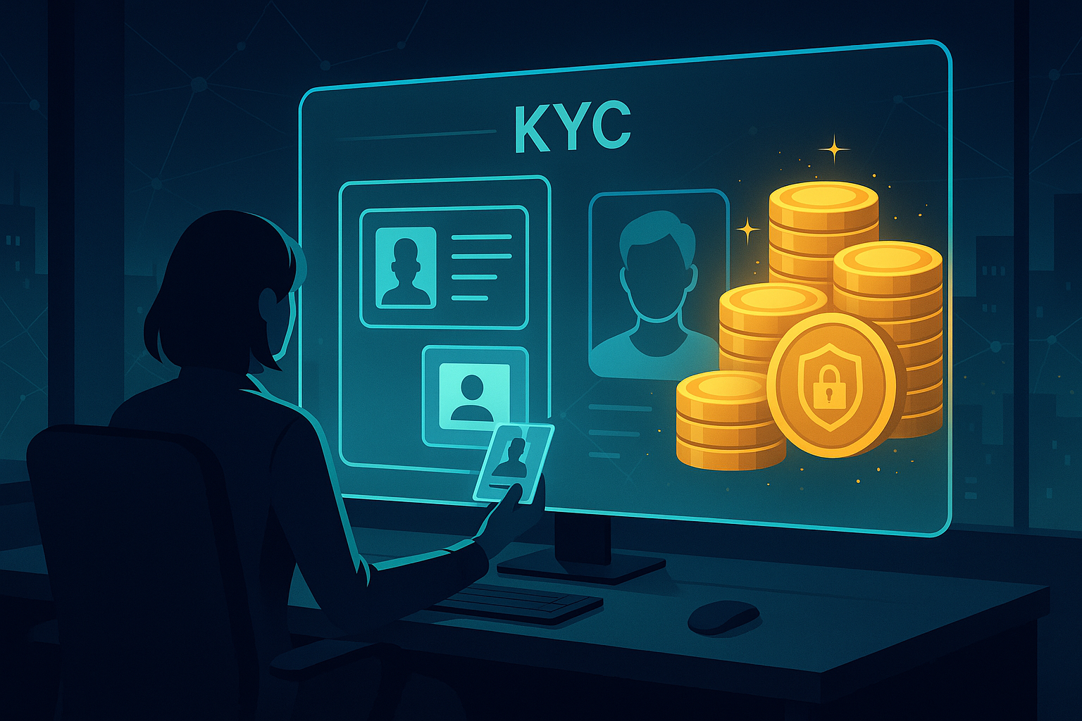 Cyberpunk office worker completing crypto KYC with ID upload to holographic panel