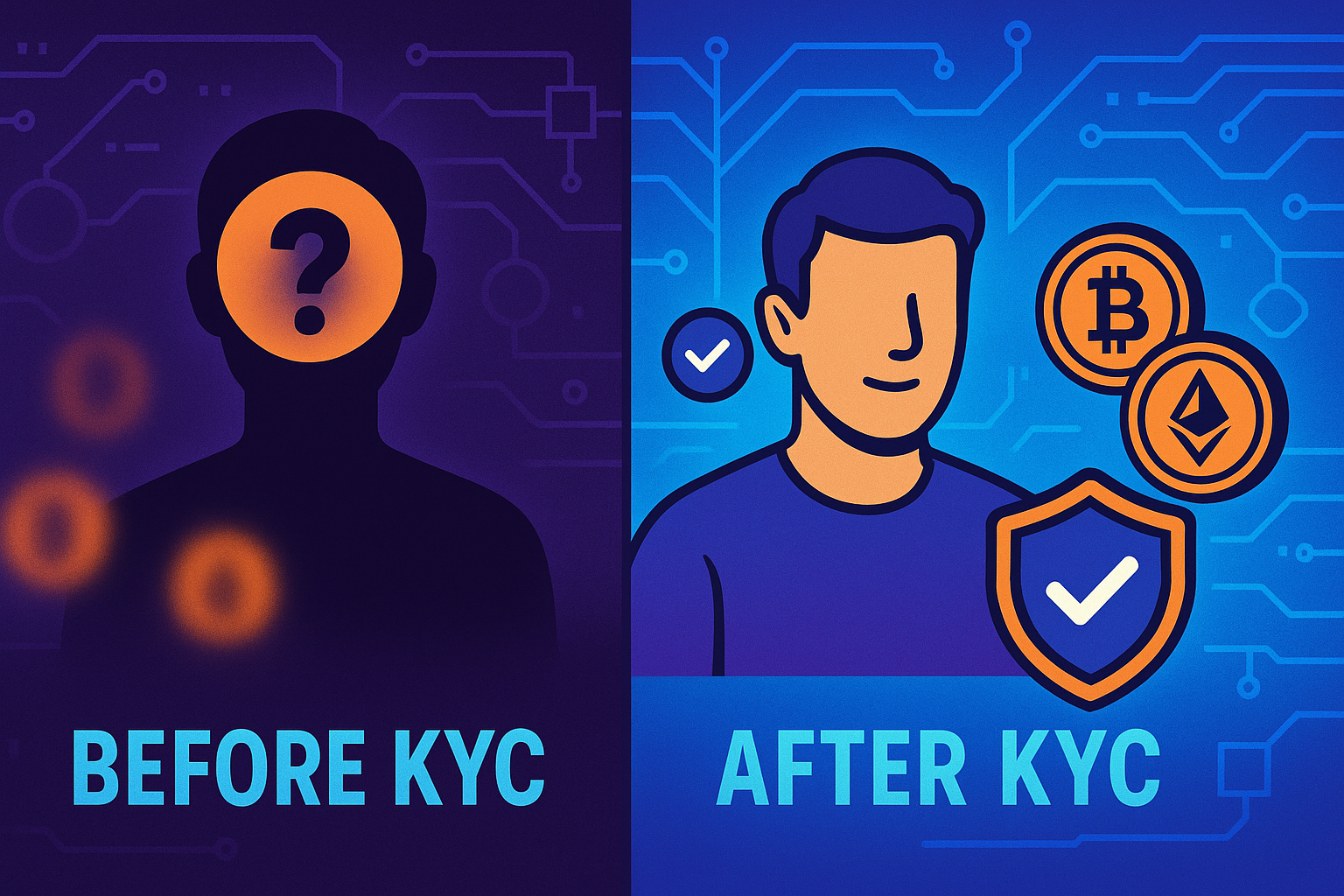 Before and after KYC in crypto, anonymous user vs verified profile with secure coins
