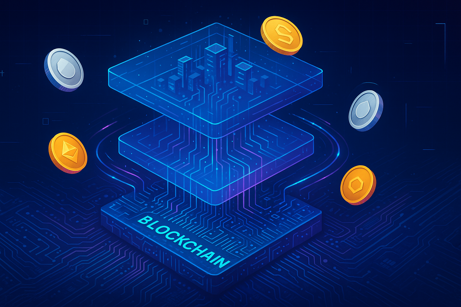 Futuristic layered blockchain city visualizing layer 2 crypto scalability