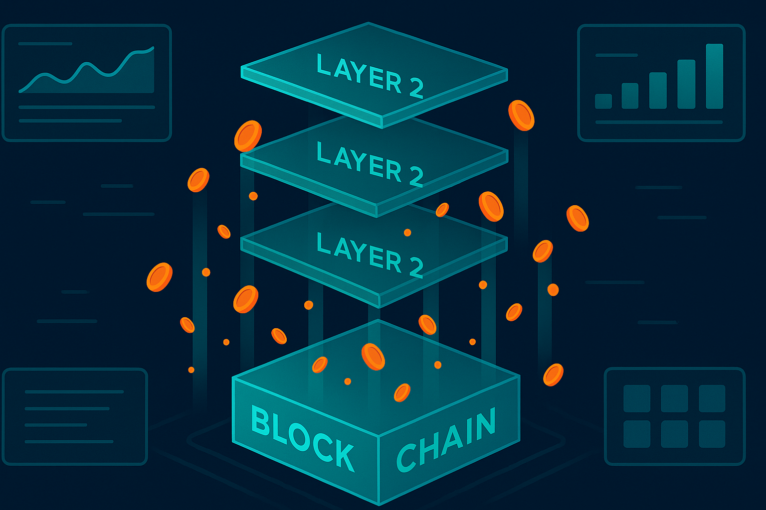 Illustration of blockchain base layer with multiple Layer 2 networks processing crypto transactions