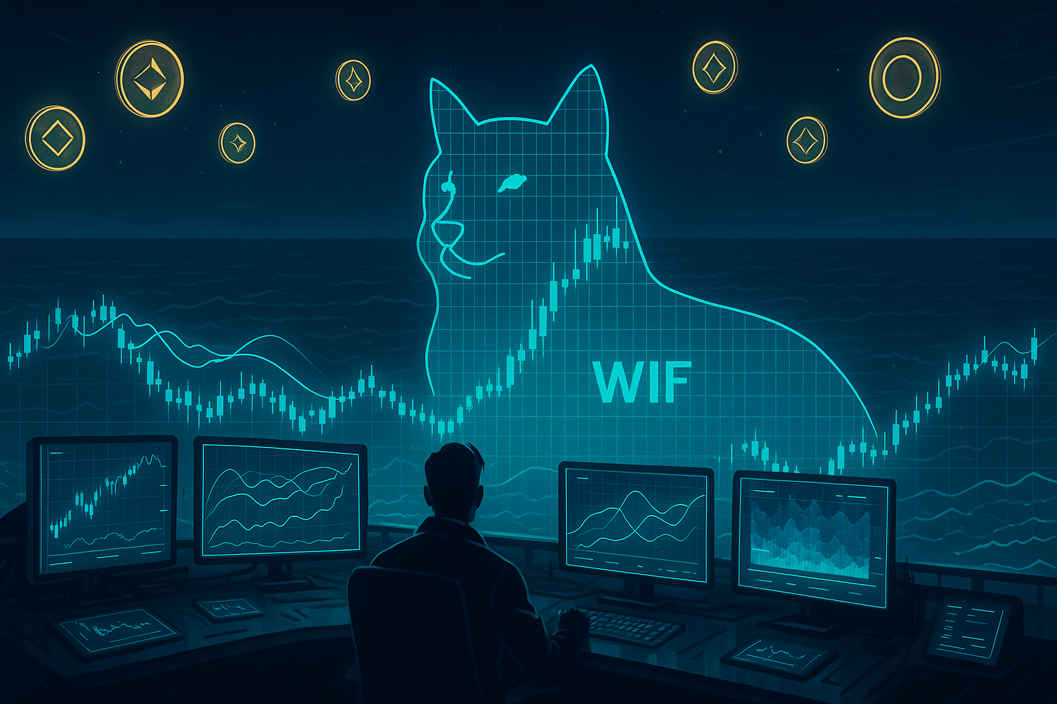 Cyberpunk trading desk with WIF candlestick charts on a Shiba-shaped digital ocean