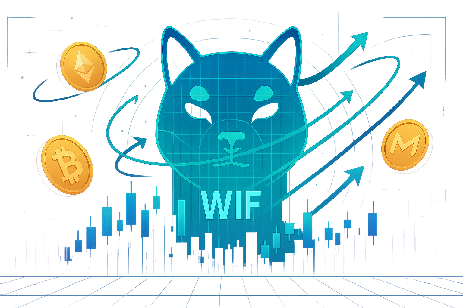 Futuristic crypto city with WIF Shiba Inu data head and price charts