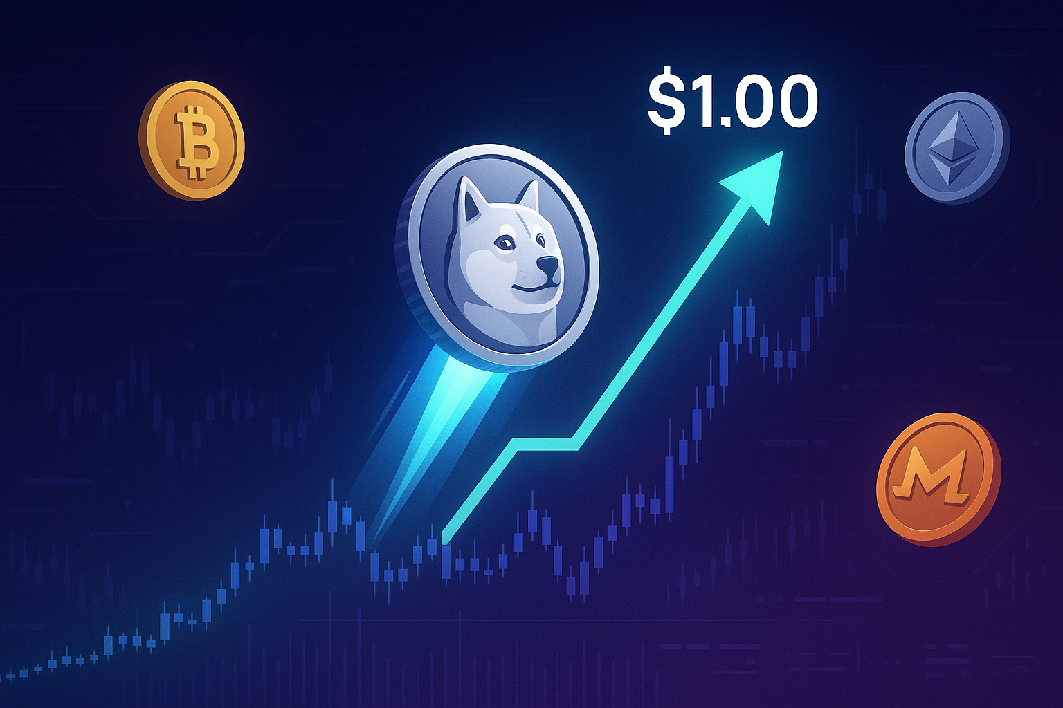 Doge-style crypto coin surging toward the $1.00 mark on a futuristic trading chart