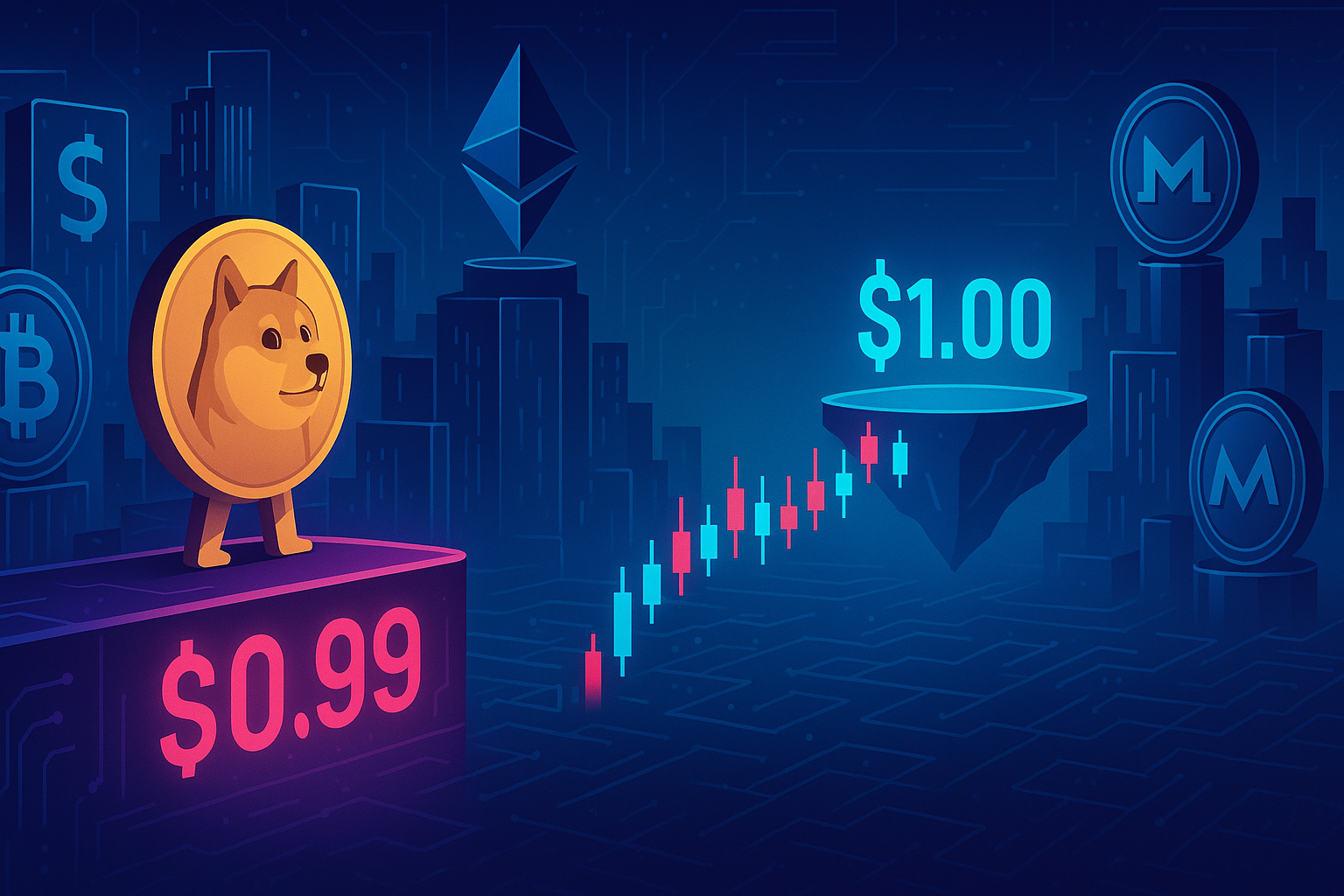 Futuristic crypto city with Doge coin aiming to cross from $0.99 to $1.00