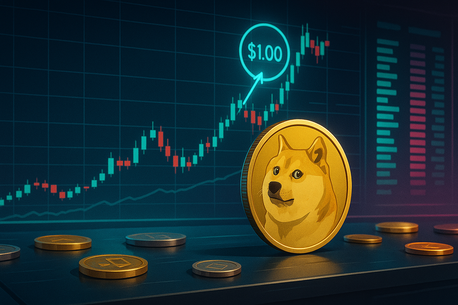 Dogecoin-style coin on crypto exchange desk with chart aiming for one dollar