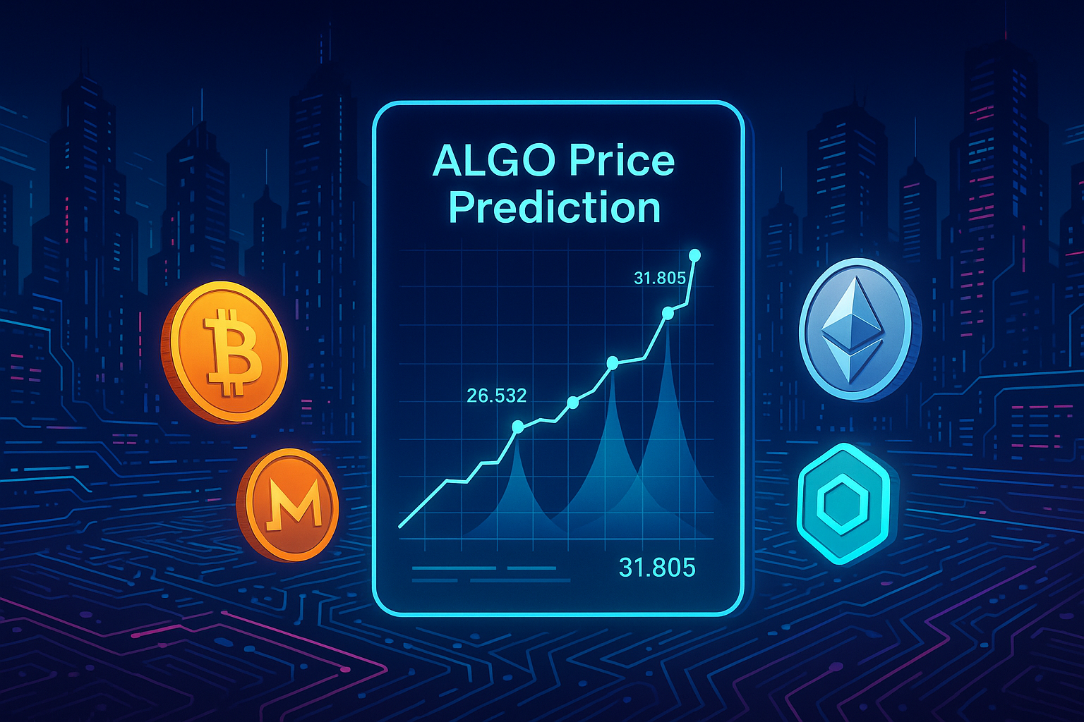 Cyberpunk crypto city with ALGO price prediction charts on tablet