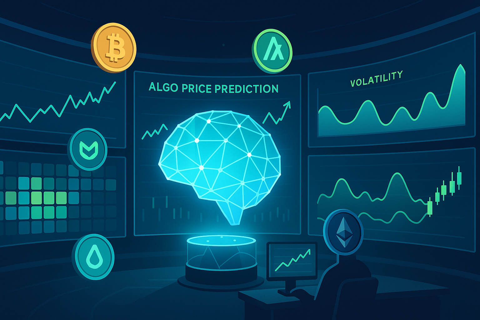 AI war room visualizing ALGO price prediction charts and crypto market data
