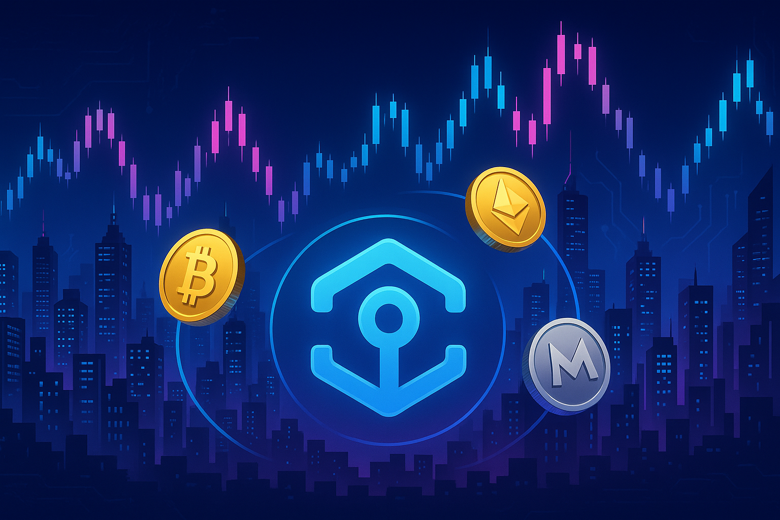 Futuristic crypto cityscape with ANKR-like token and neon price charts