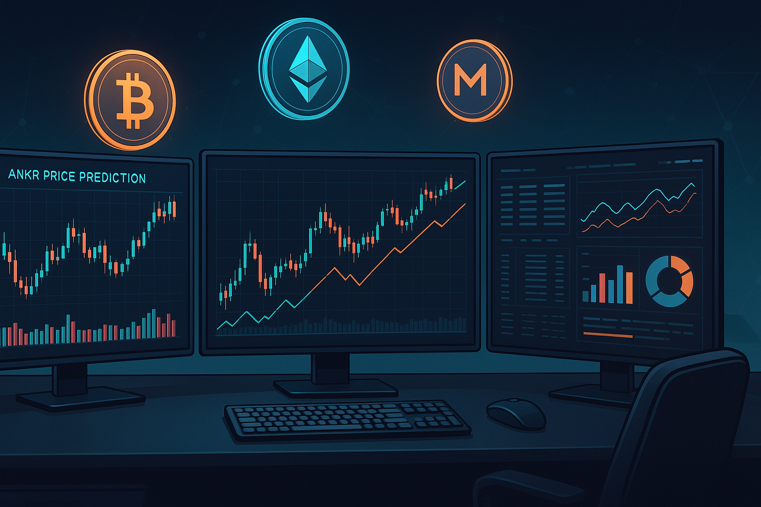 Trading desk with ANKR price prediction charts and holographic crypto coins in dark mode