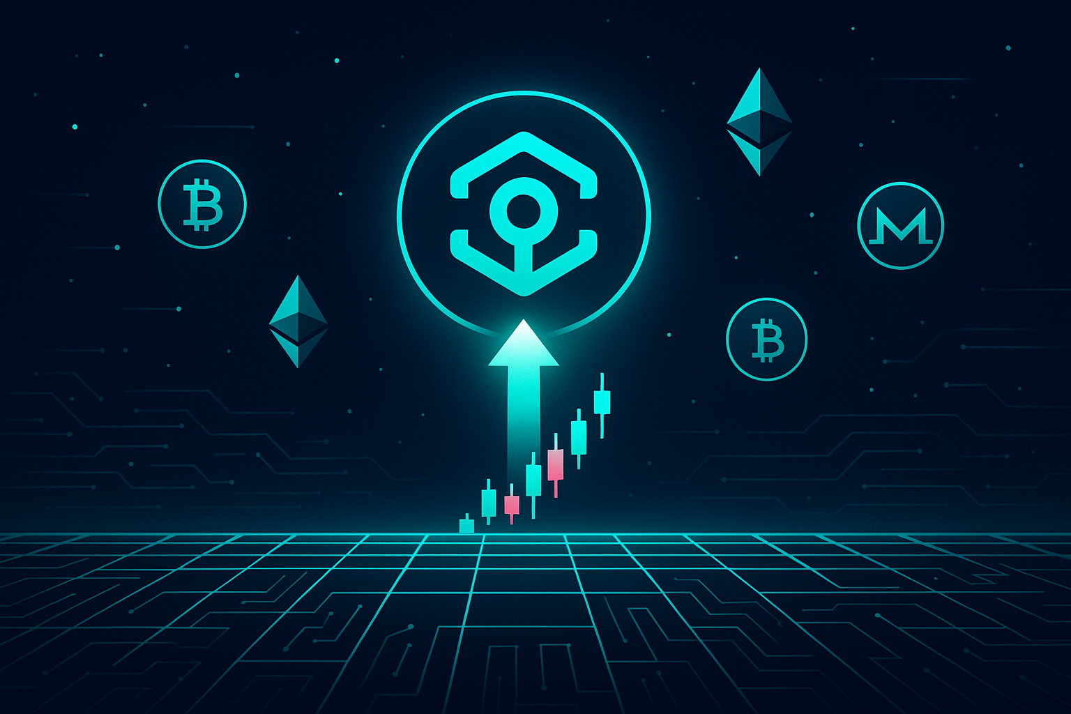 Futuristic ANKR-style token rising on blockchain grid with crypto coins