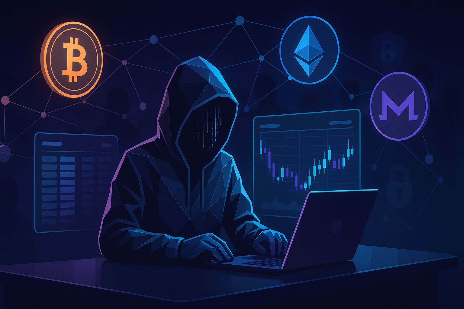 Anonymous crypto trader at futuristic desk with private coin network and encrypted charts