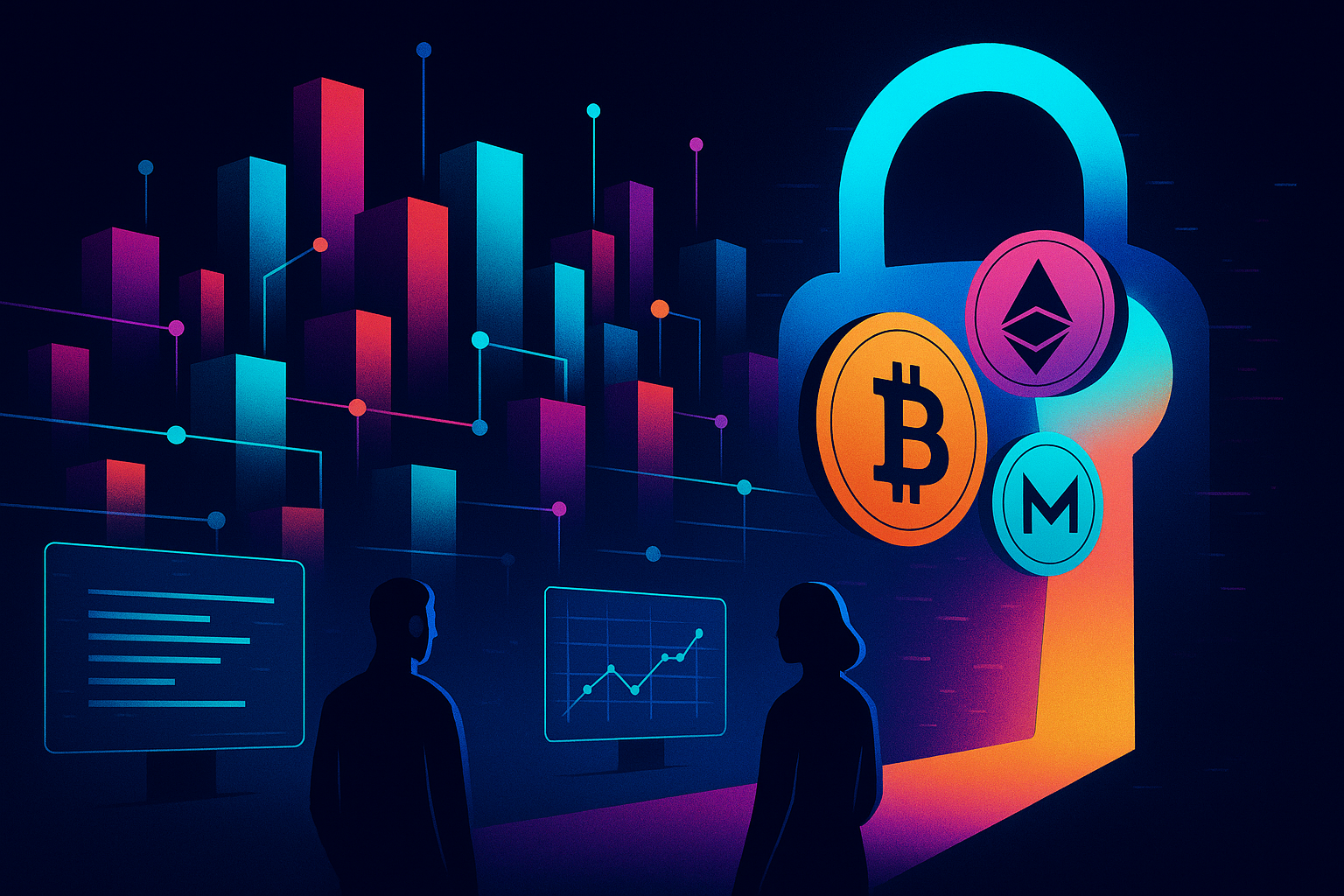 Abstract decentralized exchange with anonymous crypto trading tunnel and glowing coins