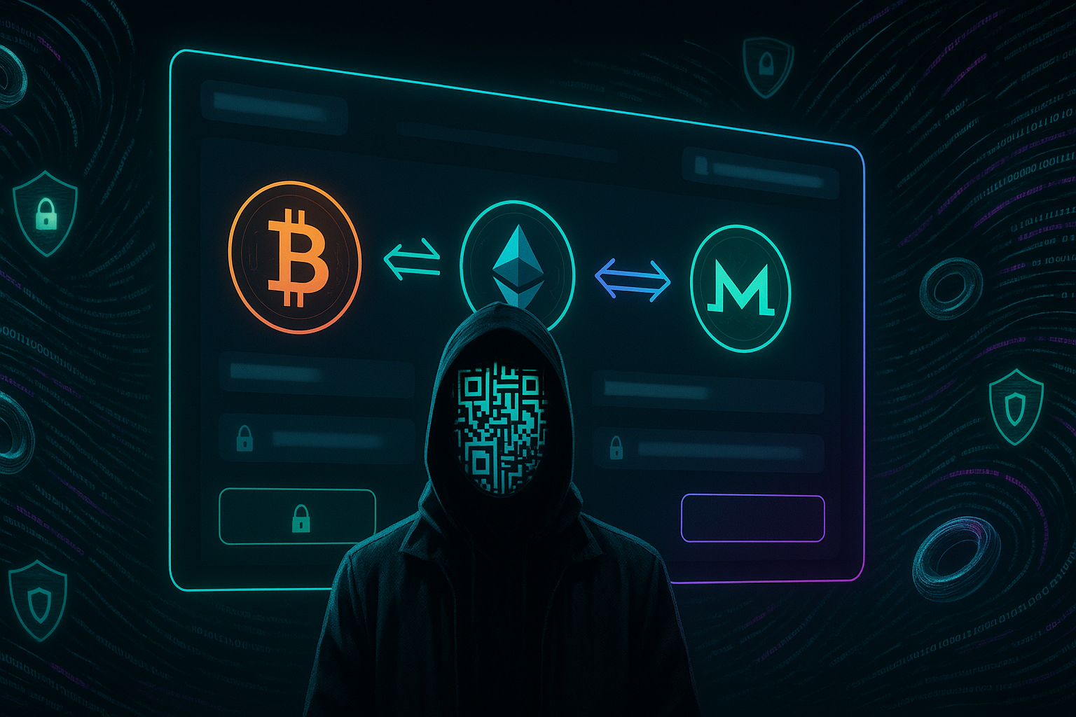 Anonymous crypto exchange banner with masked avatar and neon token swap UI