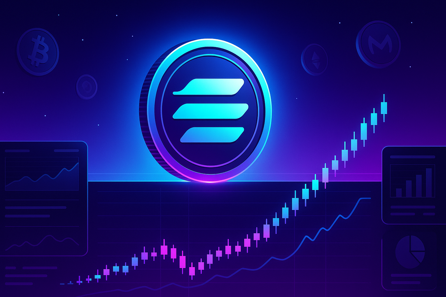 Aptos-style futuristic coin on rising crypto chart with neon trading dashboard
