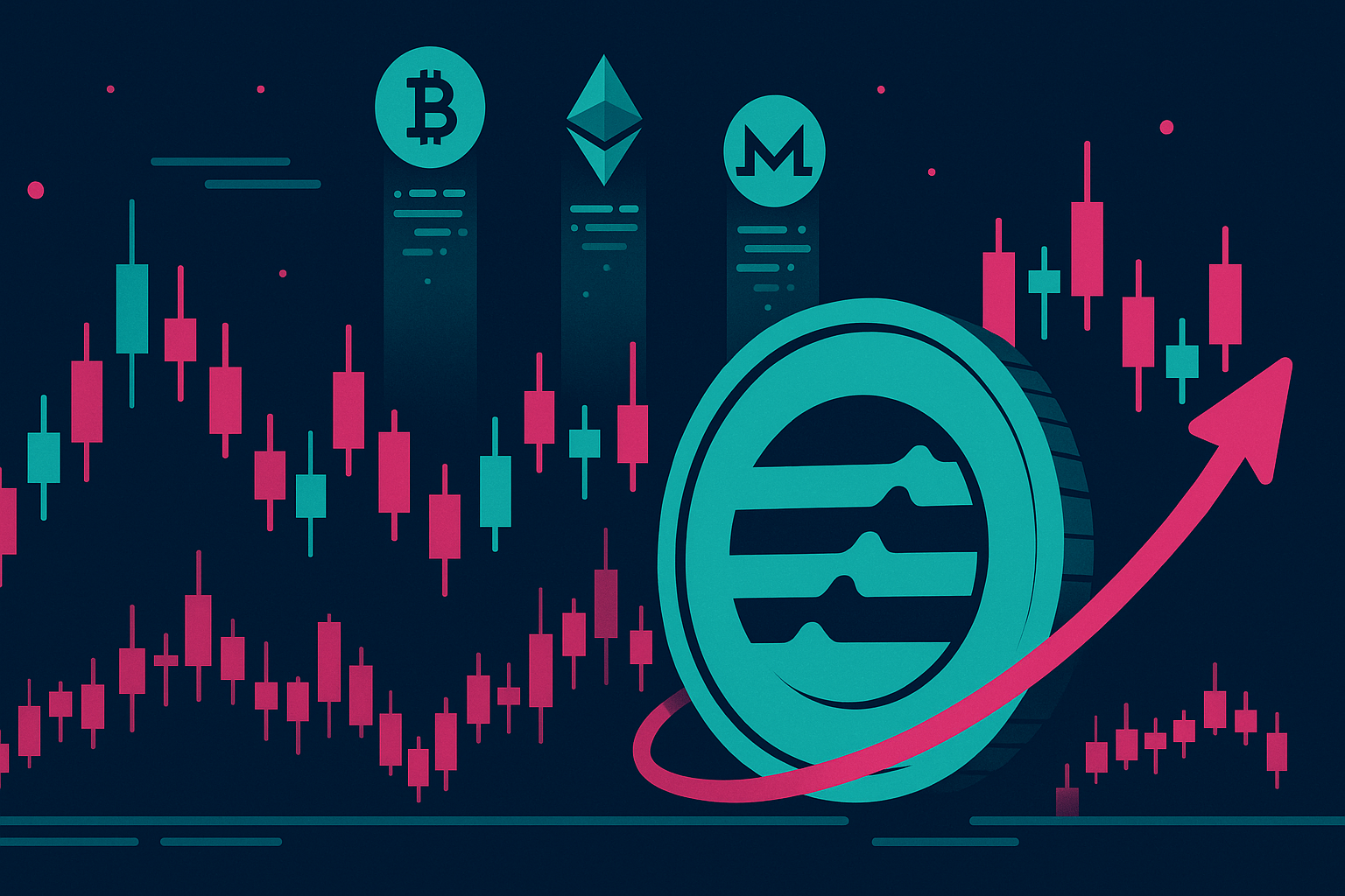Aptos coin with rising price line amid digital crypto city charts