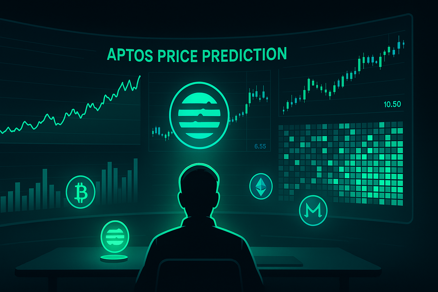 Trader analyzing Aptos price prediction charts on neon crypto trading dashboard