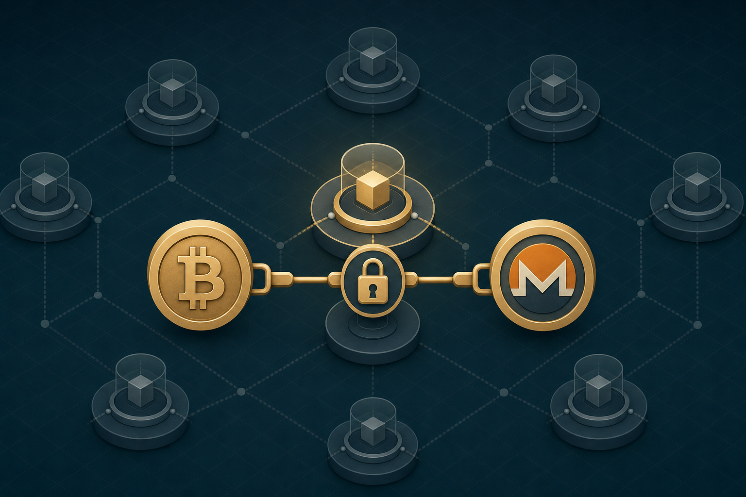 Illustration comparing no-KYC crypto swap services, one highlighted converting Bitcoin to Monero through a lock icon