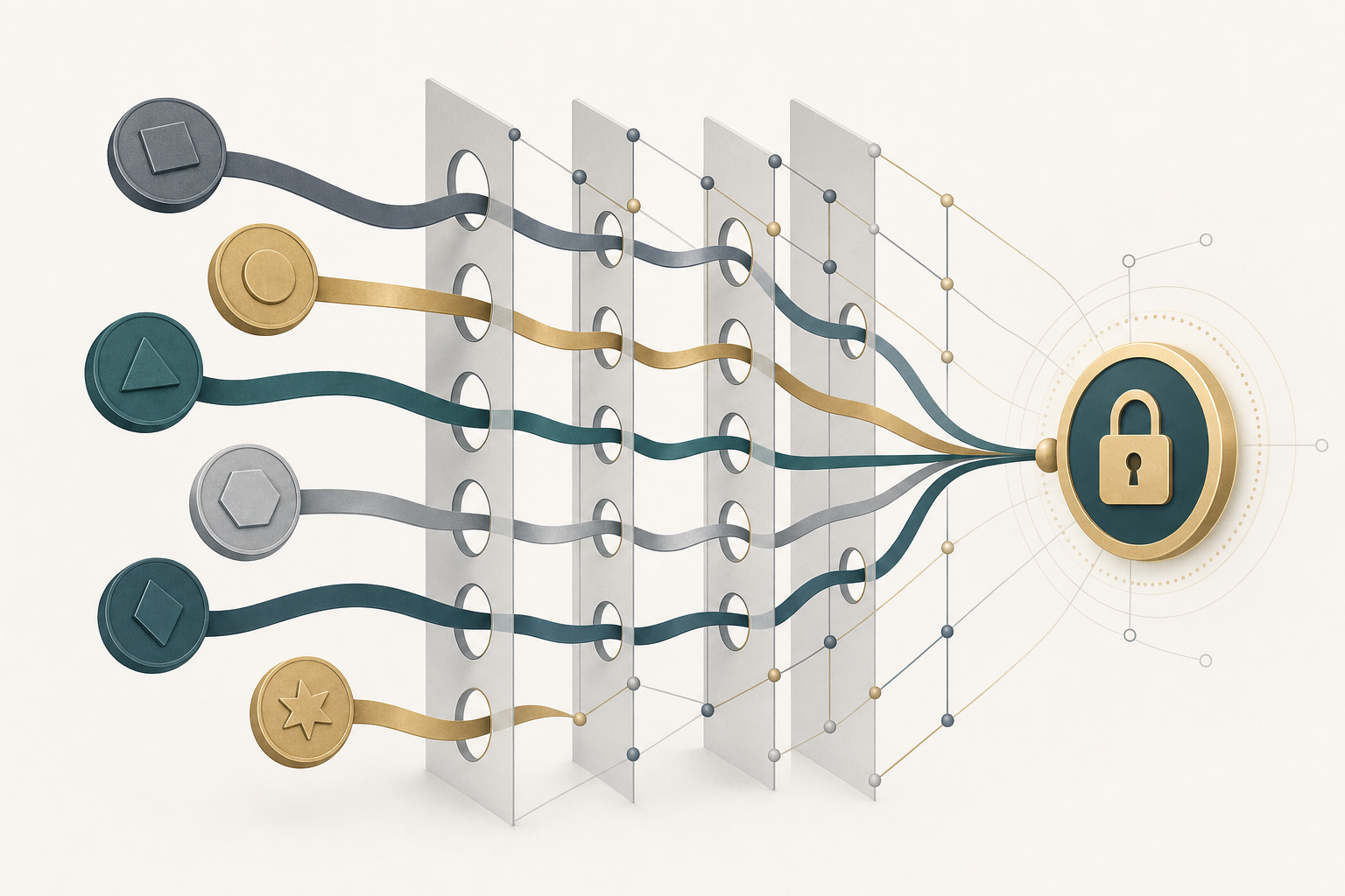 Abstract coin tokens flowing through a comparison grid toward one highlighted swap node with a lock icon