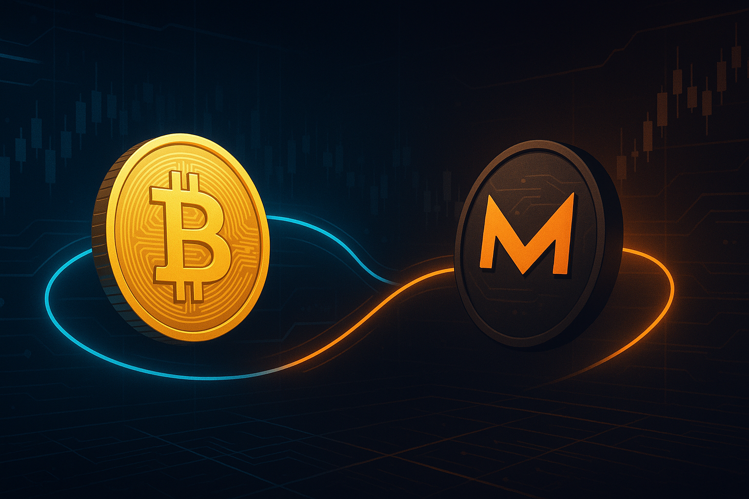 Modern crypto banner showing BTC to XMR exchange over a futuristic trading interface