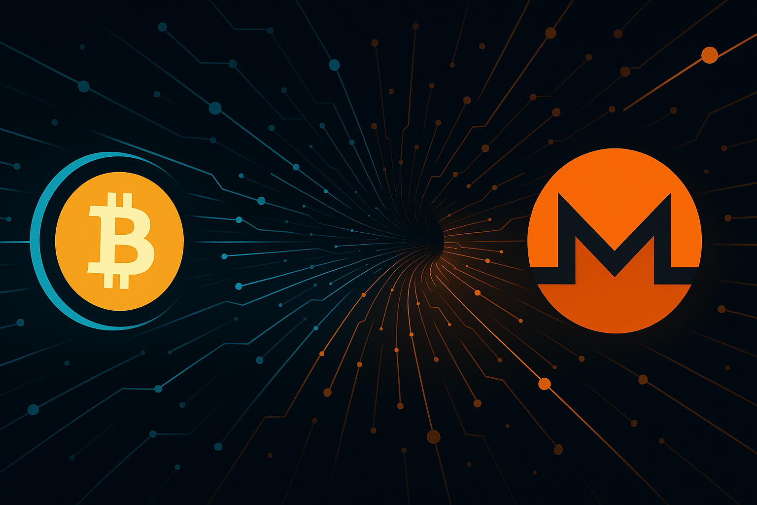 Digital tunnel of data streams shifting from Bitcoin to Monero, symbolizing a private BTC to XMR swap