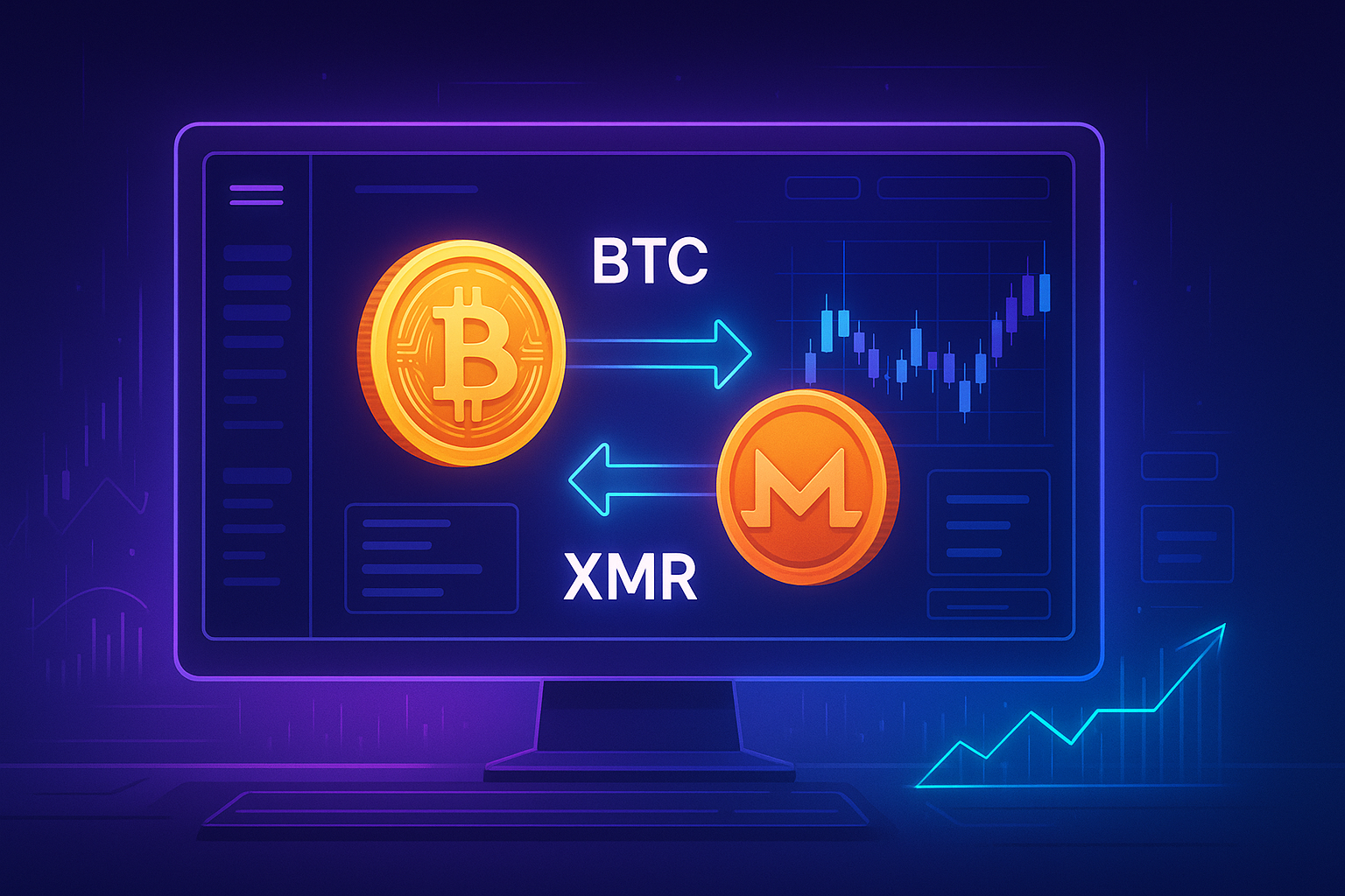 Futuristic trading dashboard visualizing a BTC to XMR swap with neon graphs and crypto coins