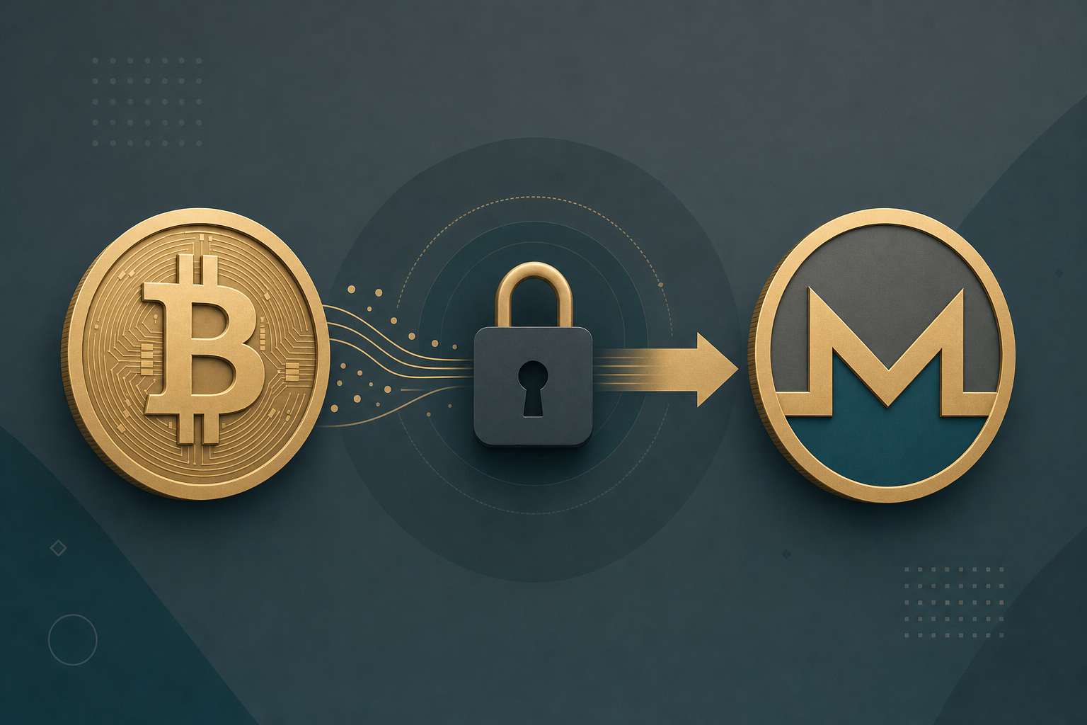 Illustration of a Bitcoin token converting into a Monero token through a privacy lock icon