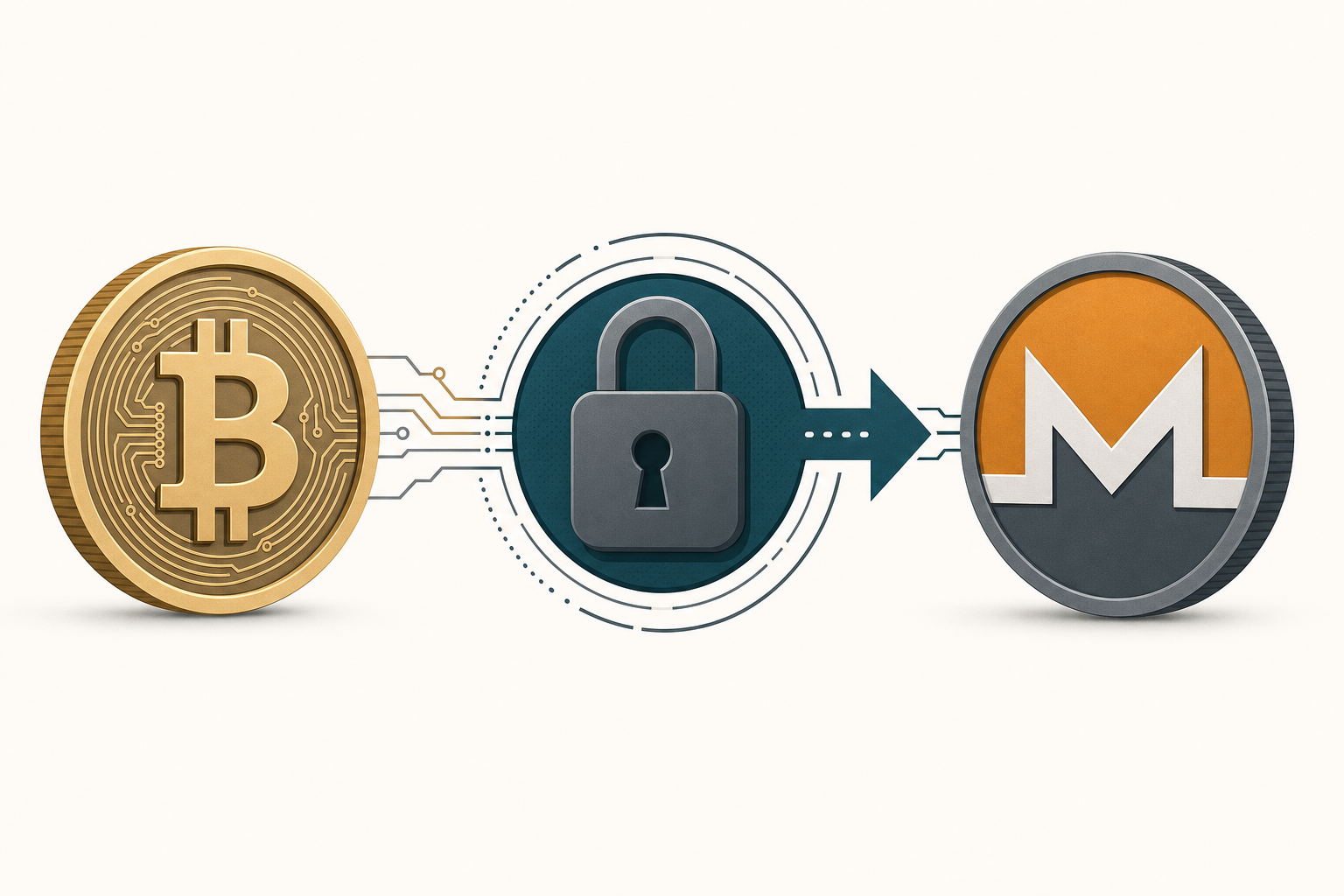 Illustration of a Bitcoin token converting into a Monero token through a privacy lock icon