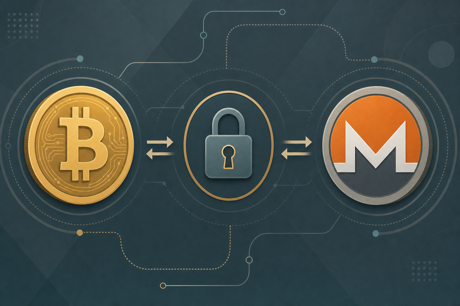 Bitcoin token swapping bidirectionally into a Monero token through a privacy lock, illustrating a no-KYC BTC to XMR exchange