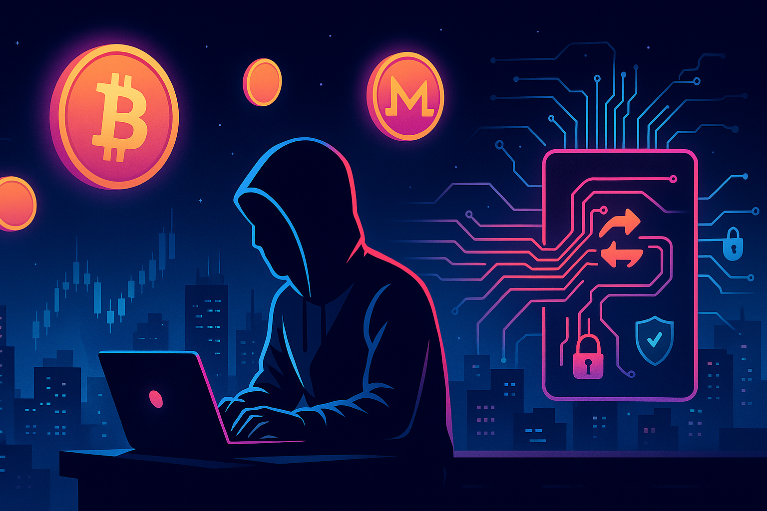 Anonymous trader on rooftop buying Bitcoin with no KYC in neon crypto city