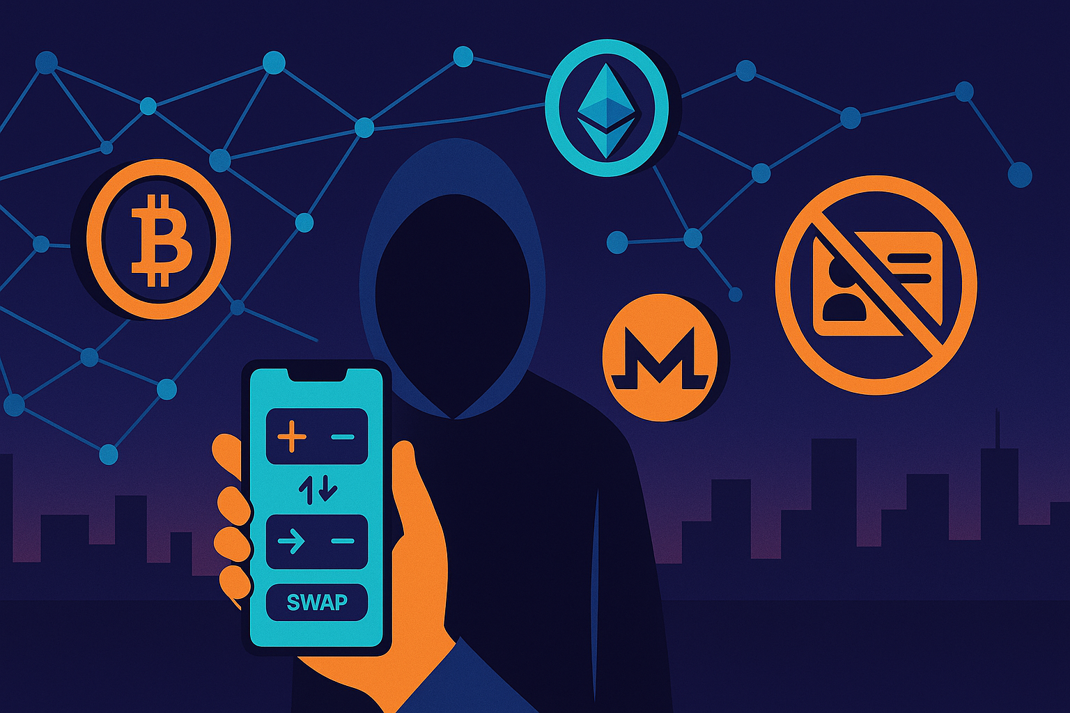 Anonymous user buying Bitcoin on a no-KYC crypto swap app with floating coins and P2P network nodes