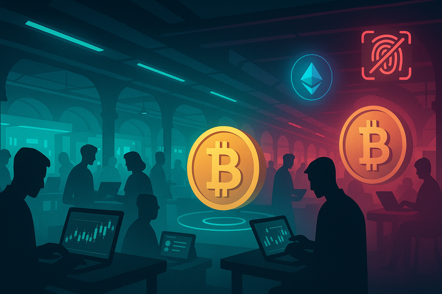 Futuristic underground crypto market scene about buying Bitcoin with no KYC